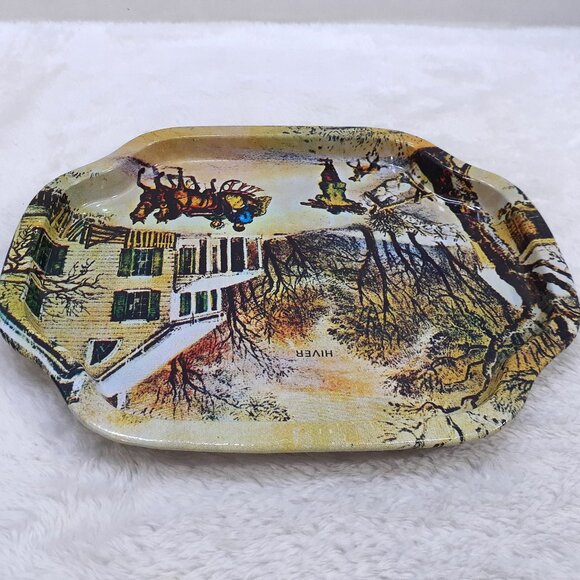 Vintage Action Industries Tin Tray Metal Plate Winter Scene 1985 Hong Kong - Picture 4 of 9